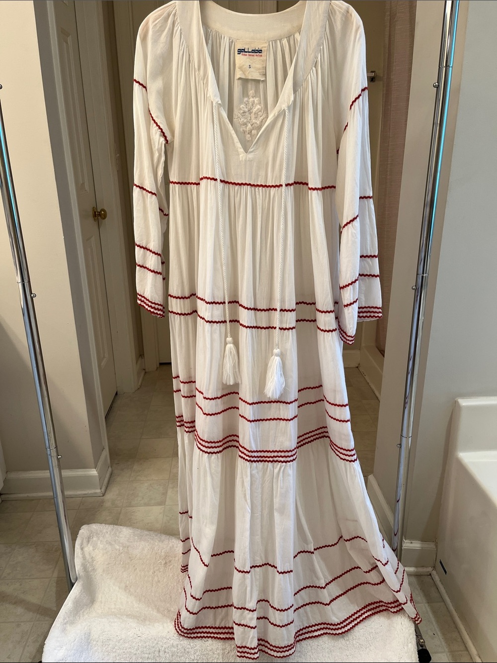 Women’s White Maxi Dress with Red Rickrack - Boho Tassel Detail
